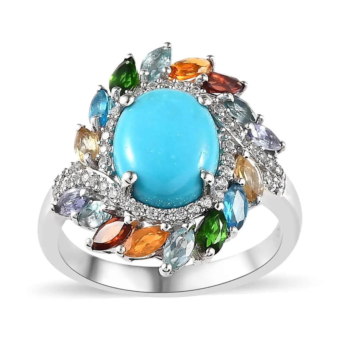 TLV Premium Sleeping Beauty Turquoise, Multi Gemstone Floral Ring in Platinum Over Sterling Silver (Size 10.0) 3.70 ctw image number 0