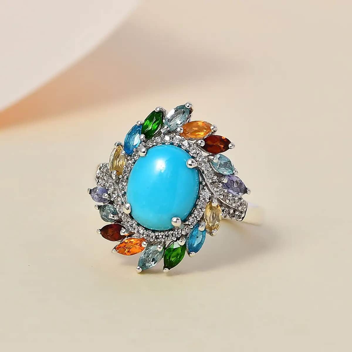 TLV Premium Sleeping Beauty Turquoise, Multi Gemstone Floral Ring in Platinum Over Sterling Silver (Size 10.0) 3.70 ctw image number 1