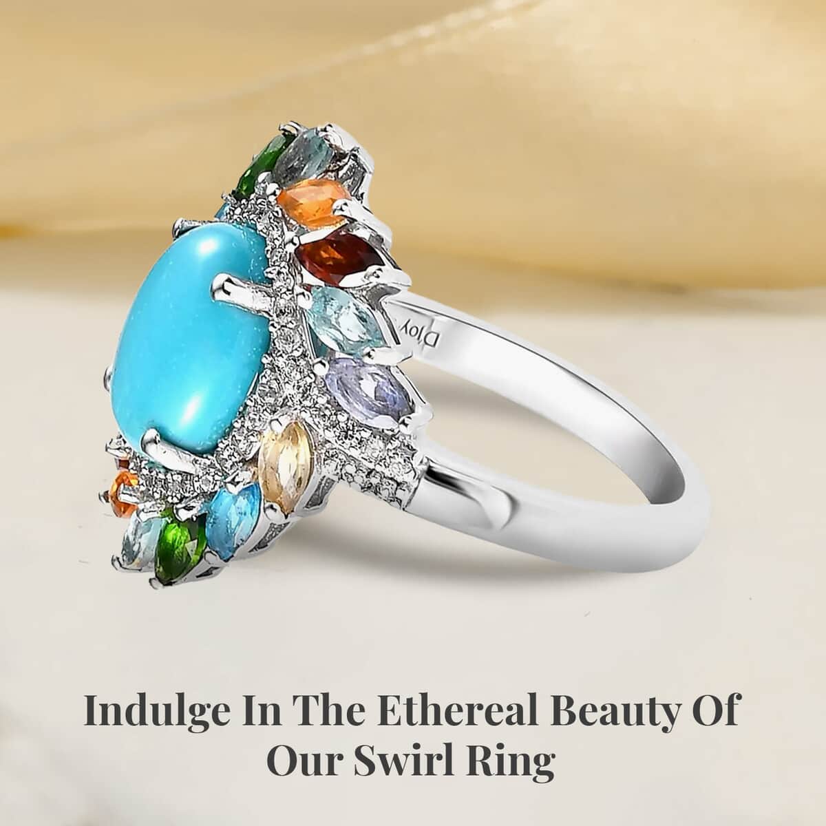 TLV Premium Sleeping Beauty Turquoise, Multi Gemstone Floral Ring in Platinum Over Sterling Silver (Size 10.0) 3.70 ctw image number 2