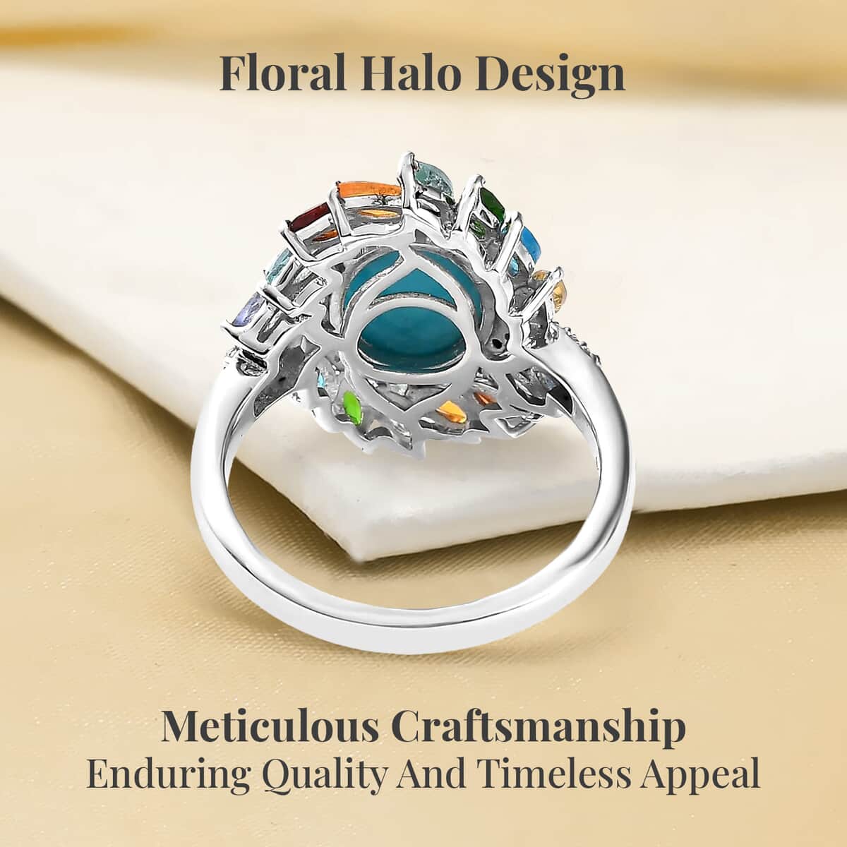 TLV Premium Sleeping Beauty Turquoise, Multi Gemstone Floral Ring in Platinum Over Sterling Silver (Size 10.0) 3.70 ctw image number 3