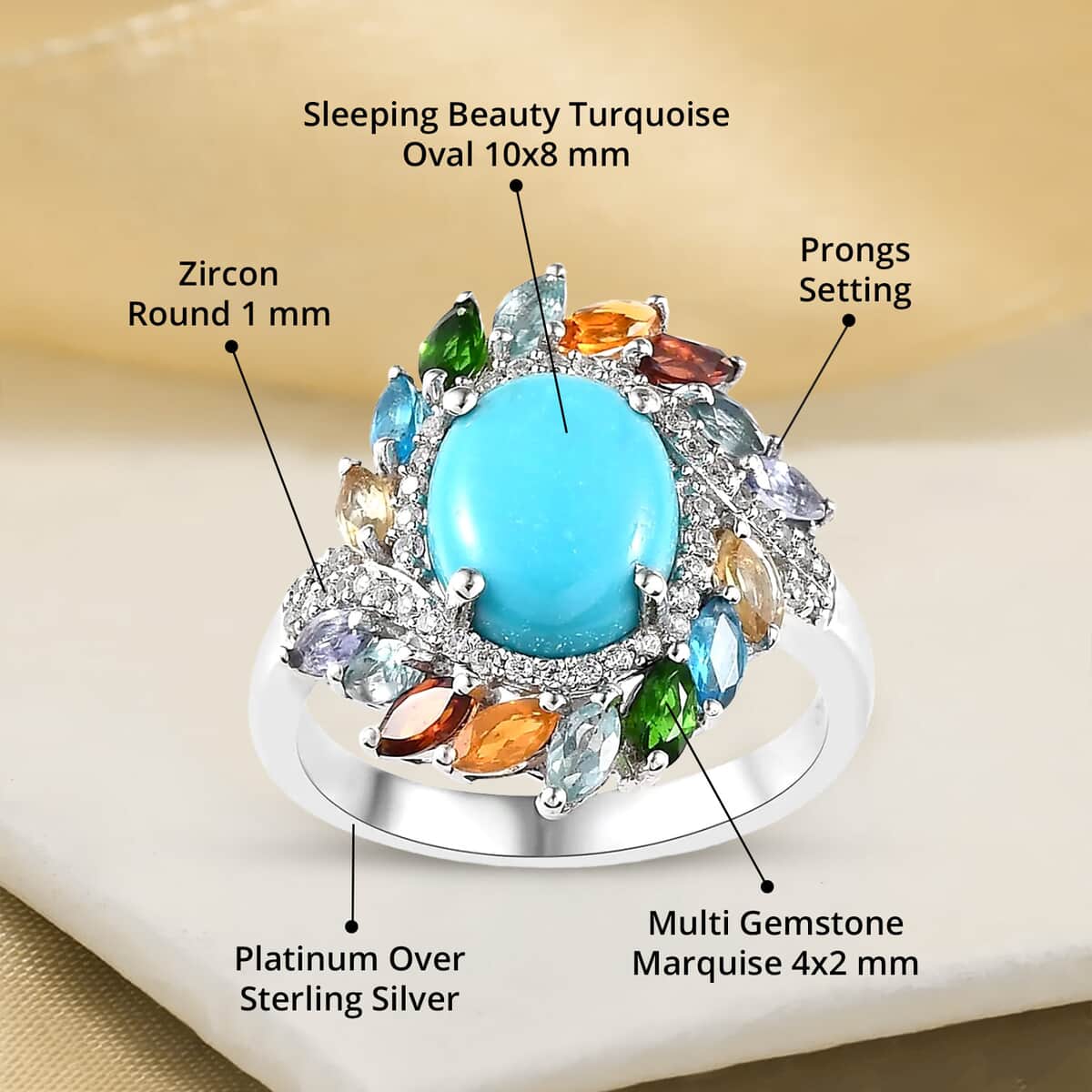 TLV Premium Sleeping Beauty Turquoise, Multi Gemstone Floral Ring in Platinum Over Sterling Silver (Size 10.0) 3.70 ctw image number 4