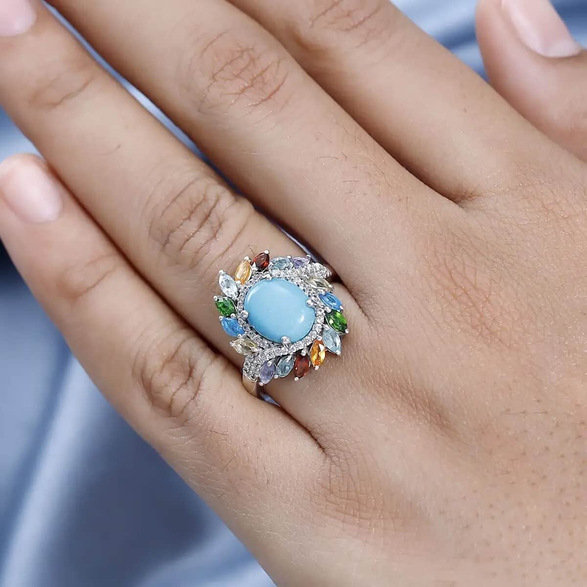 TLV Premium Sleeping Beauty Turquoise, Multi Gemstone Floral Ring in Platinum Over Sterling Silver (Size 10.0) 3.70 ctw image number 5