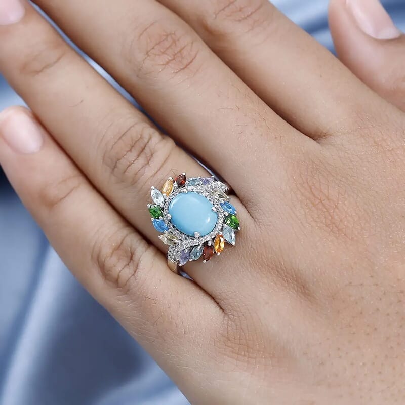 Premium Sleeping Beauty Turquoise and Multi Gemstone Swirl Ring in Platinum Over Sterling Silver (Size 10.0) 3.70 ctw