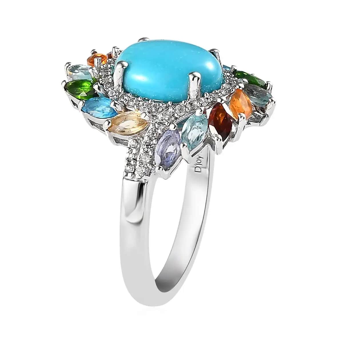 TLV Premium Sleeping Beauty Turquoise, Multi Gemstone Floral Ring in Platinum Over Sterling Silver (Size 10.0) 3.70 ctw image number 7