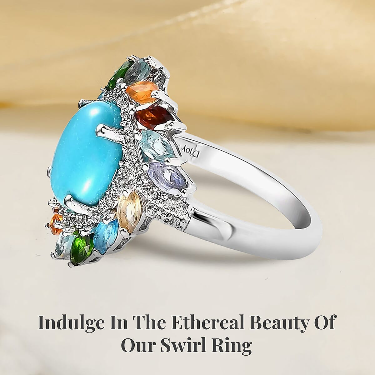 Premium Sleeping Beauty Turquoise and Multi Gemstone Swirl Ring in Platinum Over Sterling Silver (Size 7.0) 3.70 ctw image number 2