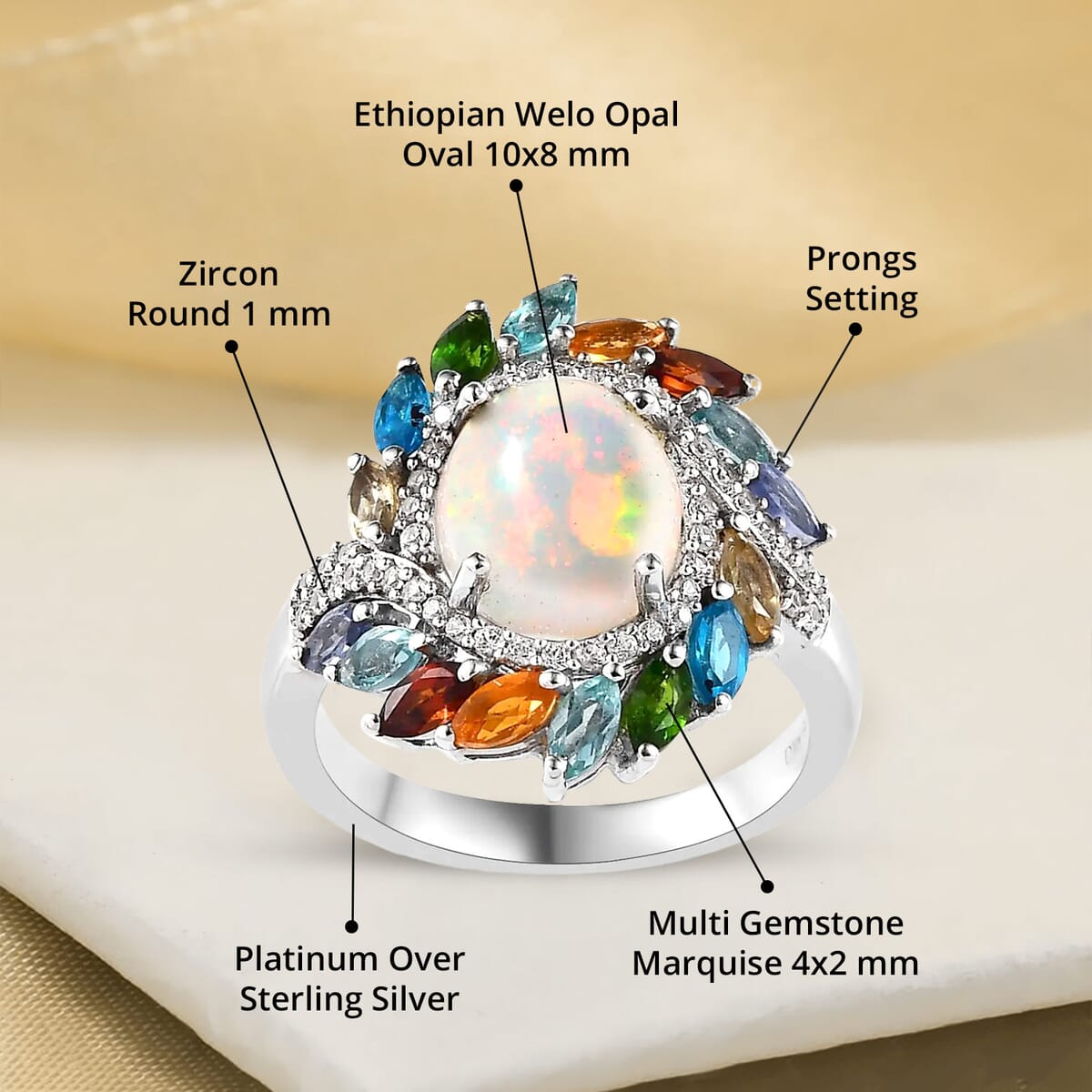 Premium Ethiopian Welo Opal and Multi Gemstone Swirl Ring in Platinum Over Sterling Silver (Size 6.0) 3.30 ctw image number 4