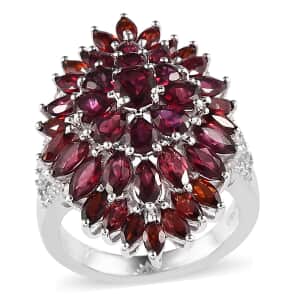 Anthill Garnet and White Zircon Floral Spray Ring in Platinum Over Sterling Silver (Size 10.0) 6.75 ctw