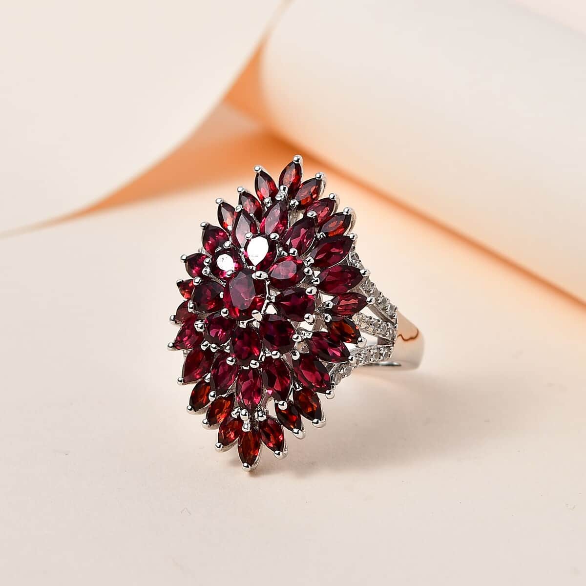 Premium Anthill Garnet and White Zircon Floral Spray Ring in Platinum Over Sterling Silver (Size 10.0) 6.75 ctw image number 1