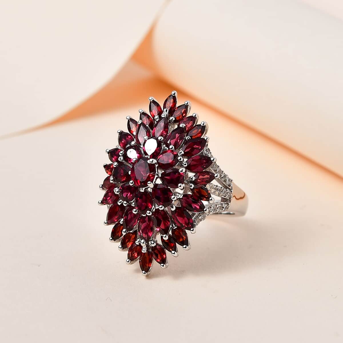 Anthill Garnet and White Zircon Floral Spray Ring in Platinum Over Sterling Silver (Size 5.0) 6.75 ctw image number 1