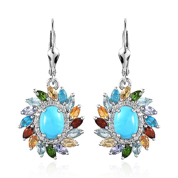 Premium Sleeping Beauty Turquoise and Multi Gemstone Swirl Earrings in Platinum Over Sterling Silver 5.15 ctw
