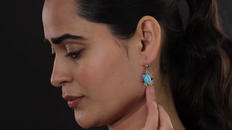 Premium Sleeping Beauty Turquoise and Multi Gemstone Floral Earrings in Platinum Over Sterling Silver 5.15 ctw