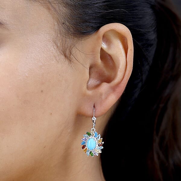Premium Sleeping Beauty Turquoise and Multi Gemstone Swirl Earrings in Platinum Over Sterling Silver 5.15 ctw