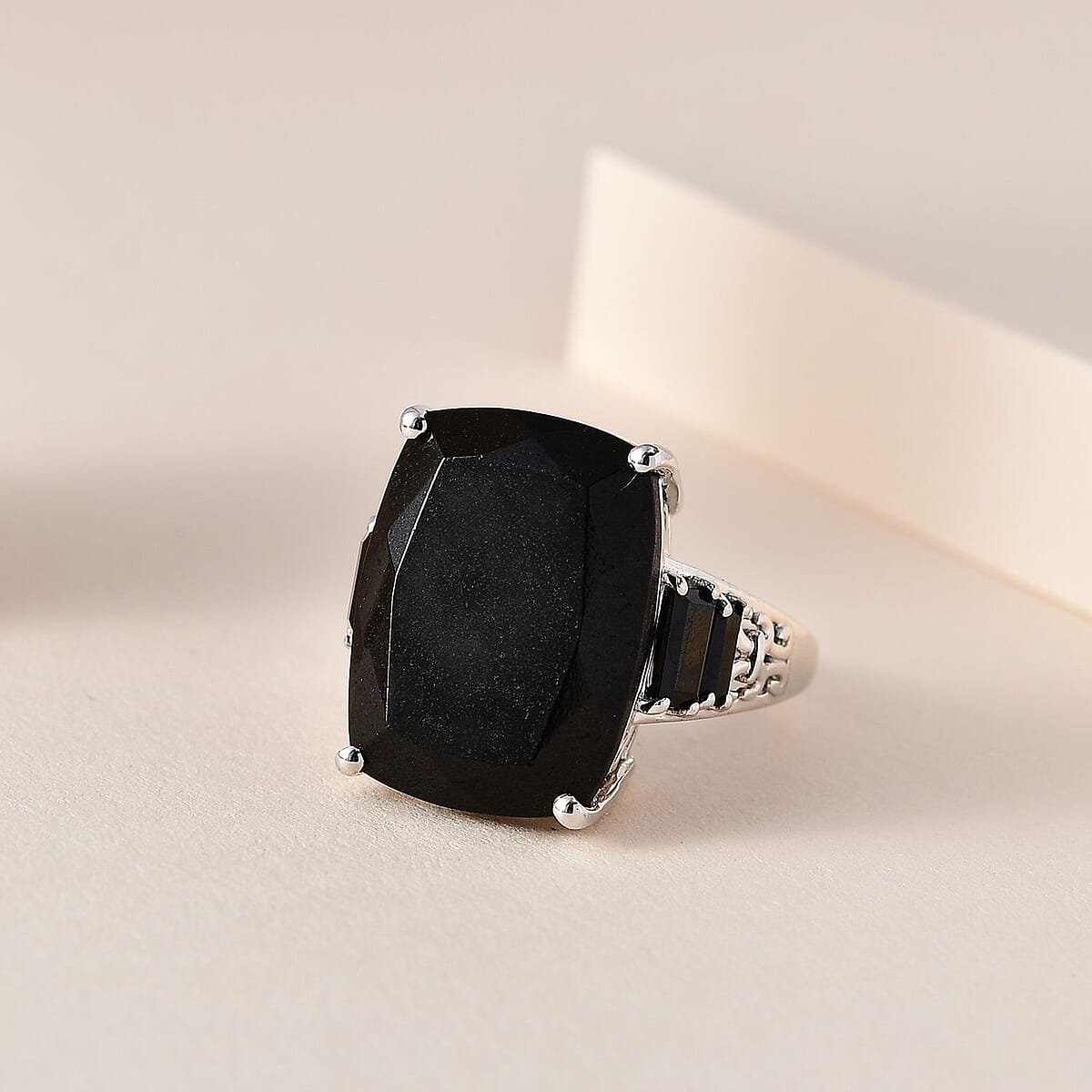 Black Tourmaline and Thai Black Spinel Ring in Platinum Over Sterling Silver (Size 10.0) 22.10 ctw image number 1