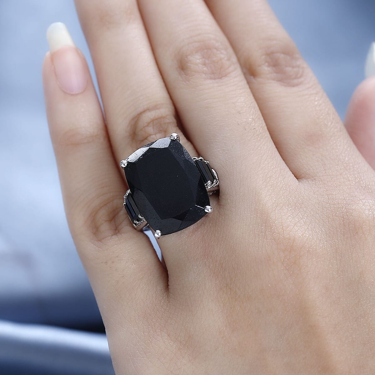 Black Tourmaline and Thai Black Spinel Ring in Platinum Over Sterling Silver (Size 10.0) 22.10 ctw image number 2