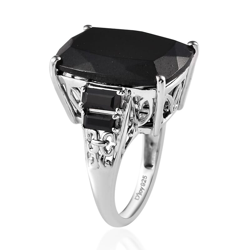 Black Tourmaline and Thai Black Spinel Ring in Platinum Over Sterling Silver (Size 10.0) 22.10 ctw