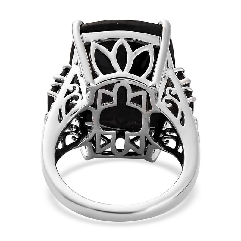 Black Tourmaline and Thai Black Spinel Ring in Platinum Over Sterling Silver (Size 10.0) 22.10 ctw