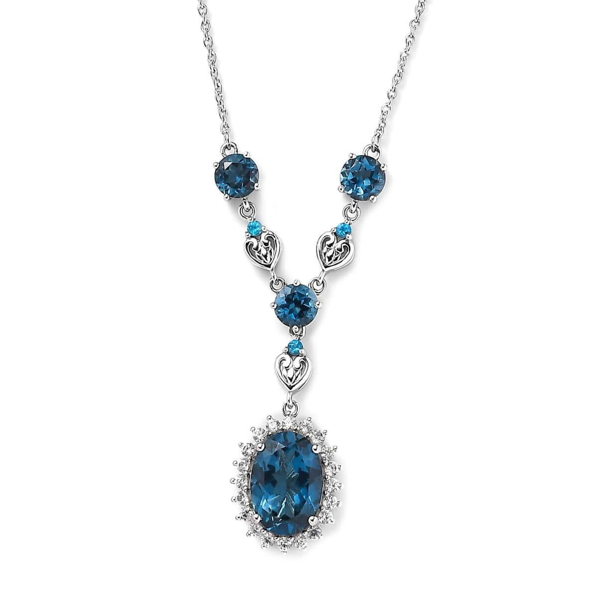 London Blue Topaz and Multi Gemstone Halo Necklace 18 Inches in Platinum Over Sterling Silver 11.30 ctw image number 0