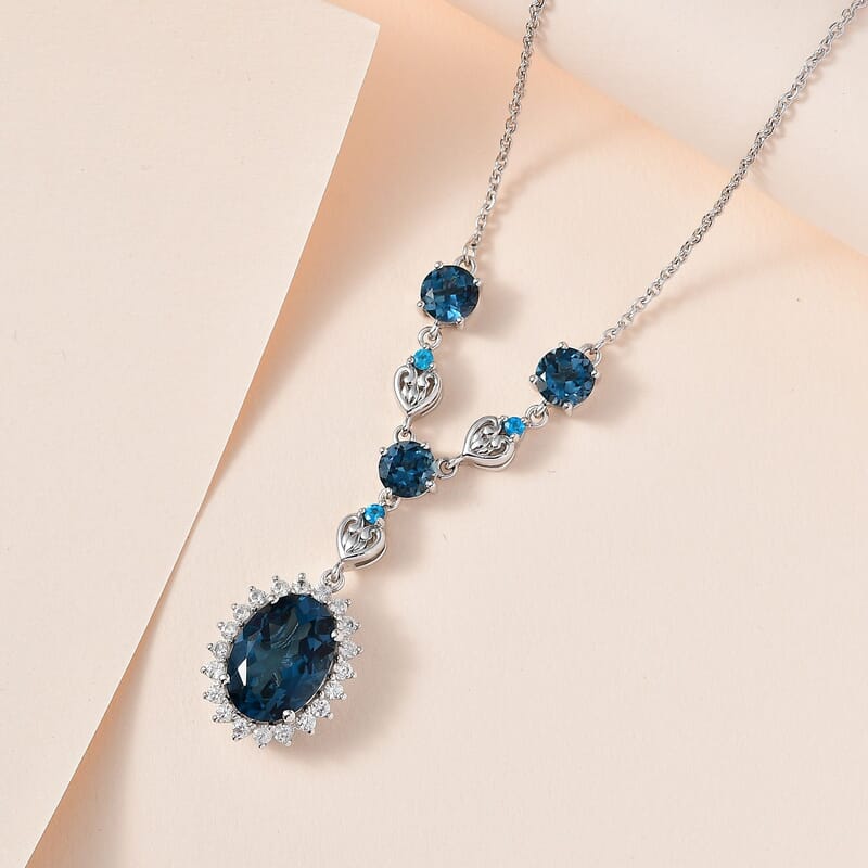 London Blue Topaz and Multi Gemstone Halo Necklace 18 Inches in Platinum Over Sterling Silver 11.30 ctw