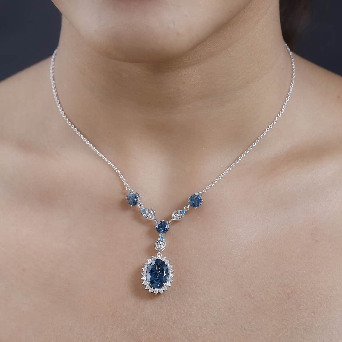 London Blue Topaz and Multi Gemstone Halo Necklace 18 Inches in Platinum Over Sterling Silver 11.30 ctw image number 2