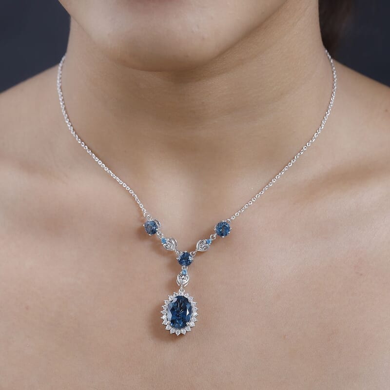 London Blue Topaz and Multi Gemstone Halo Necklace 18 Inches in Platinum Over Sterling Silver 11.30 ctw