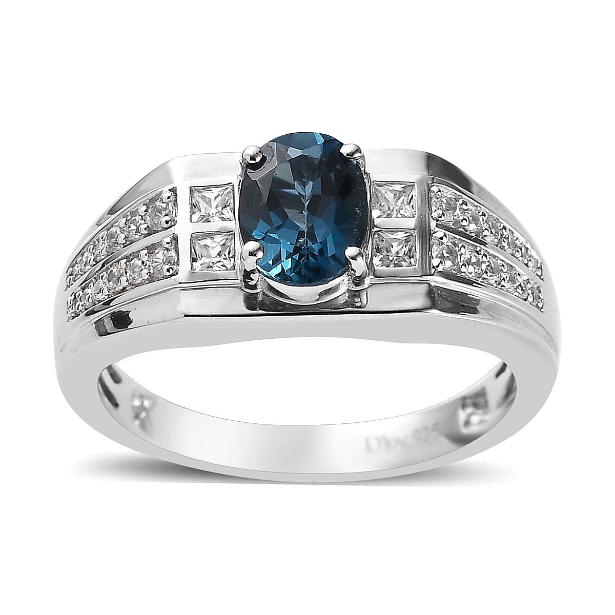 London Blue Topaz and White Zircon Men's Ring in Platinum Over Sterling Silver (Size 10.0) 2.20 ctw