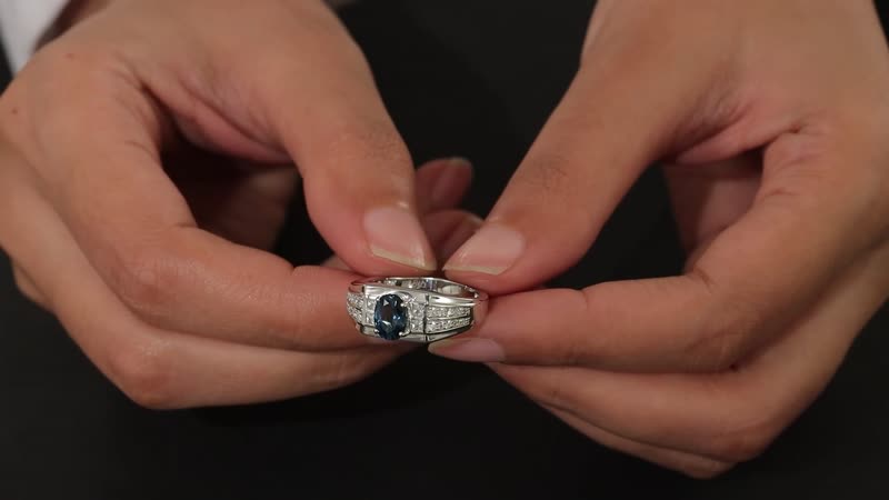 London Blue Topaz and White Zircon Men's Ring in Platinum Over Sterling Silver 2.20 ctw