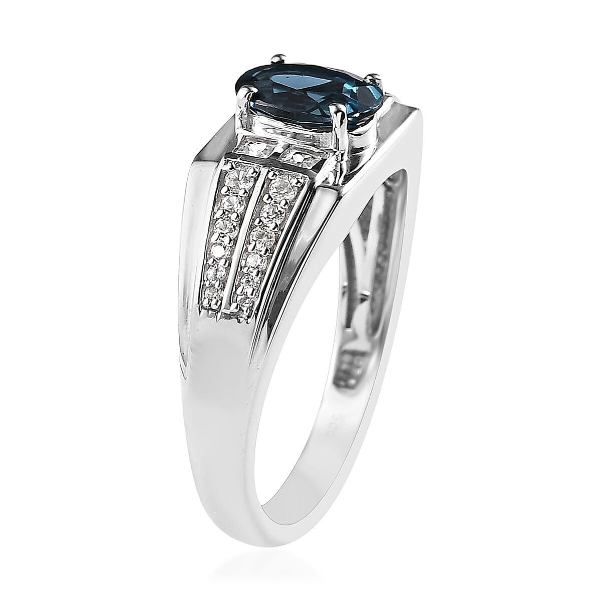 London Blue Topaz and White Zircon Men's Ring in Platinum Over Sterling Silver (Size 10.0) 2.20 ctw