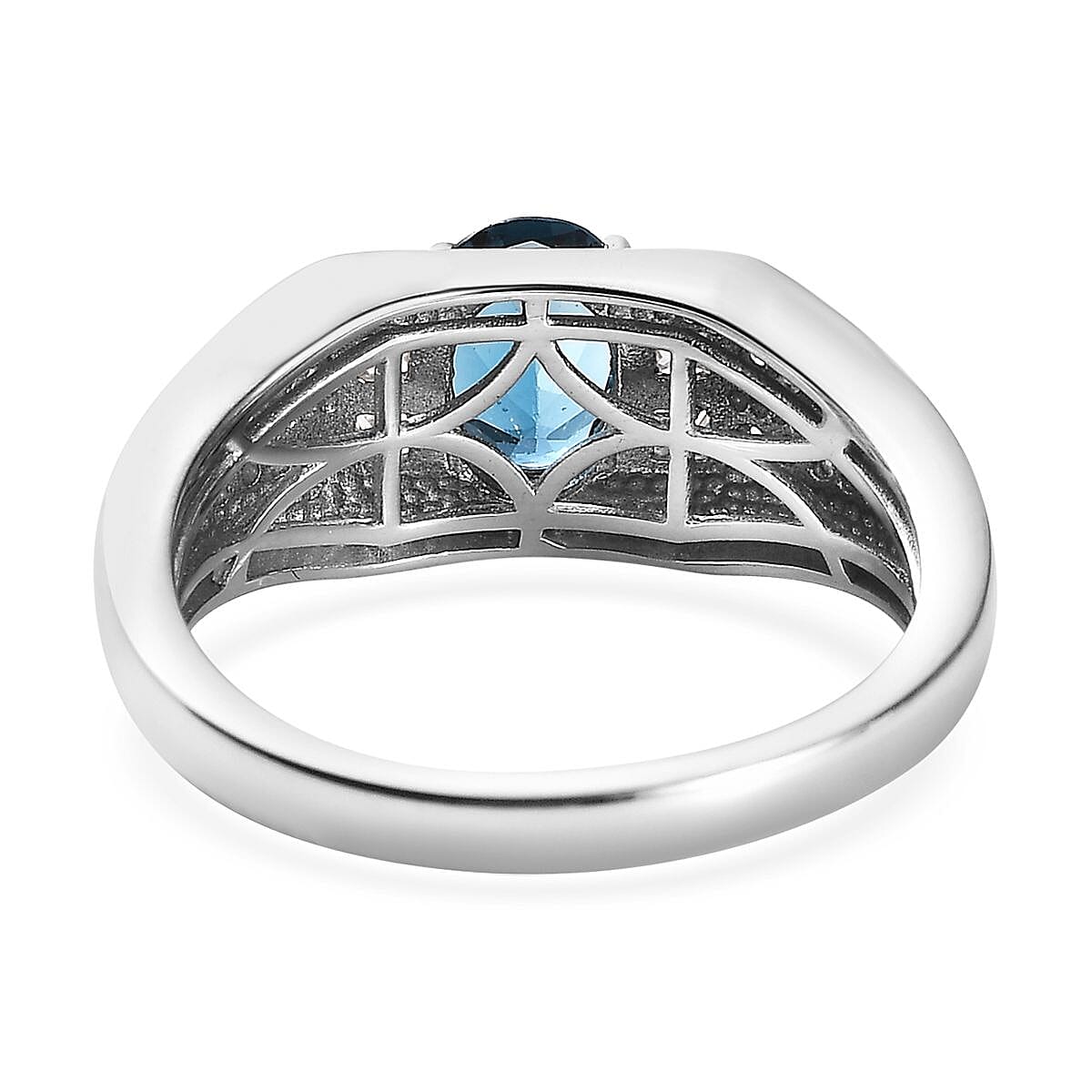 London Blue Topaz and White Zircon Men's Ring in Platinum Over Sterling Silver (Size 10.0) 2.20 ctw