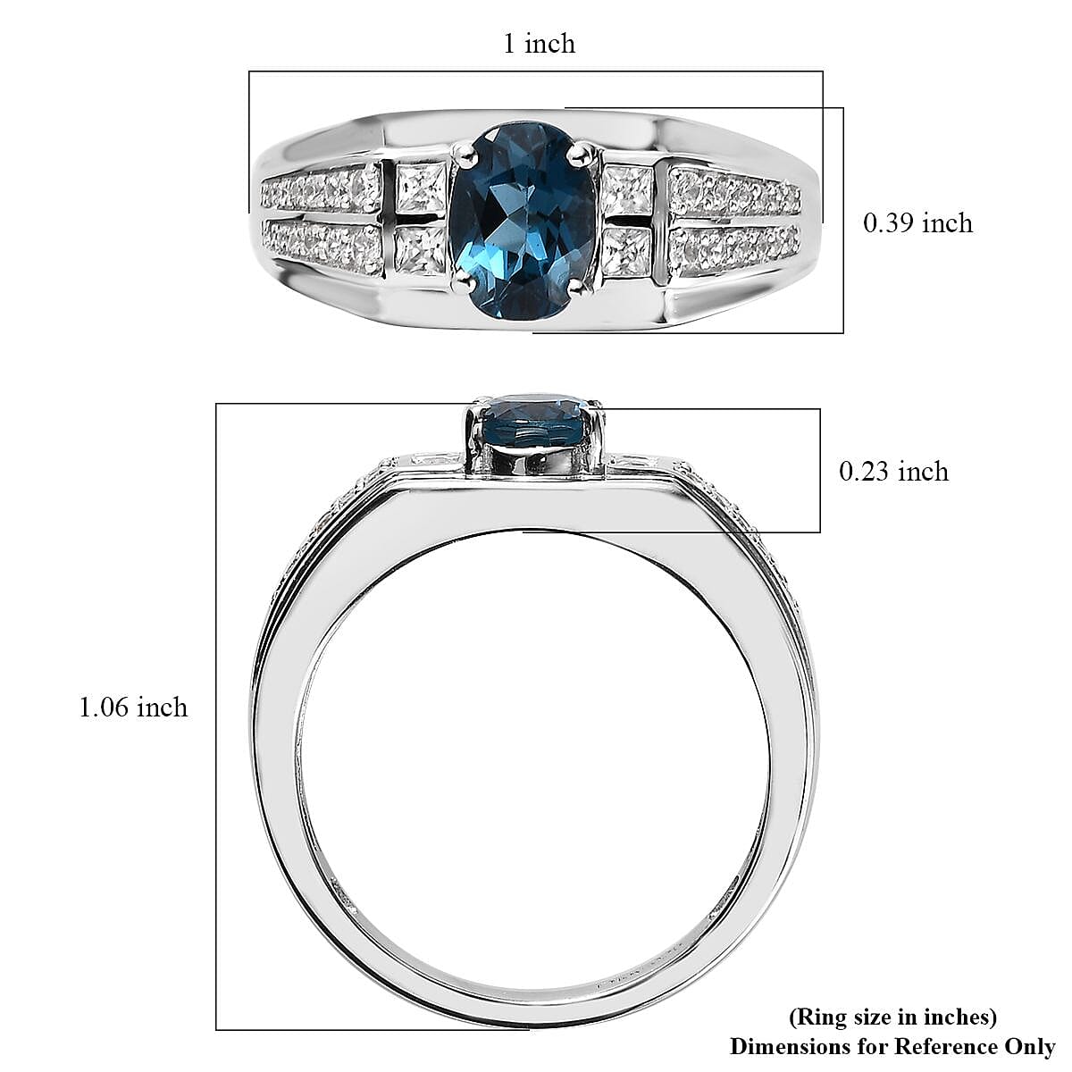 London Blue Topaz and White Zircon Men's Ring in Platinum Over Sterling Silver (Size 10.0) 2.20 ctw