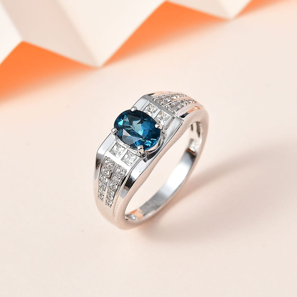 London Blue Topaz and White Zircon Men's Ring in Platinum Over Sterling Silver (Size 13.0) 2.20 ctw image number 1