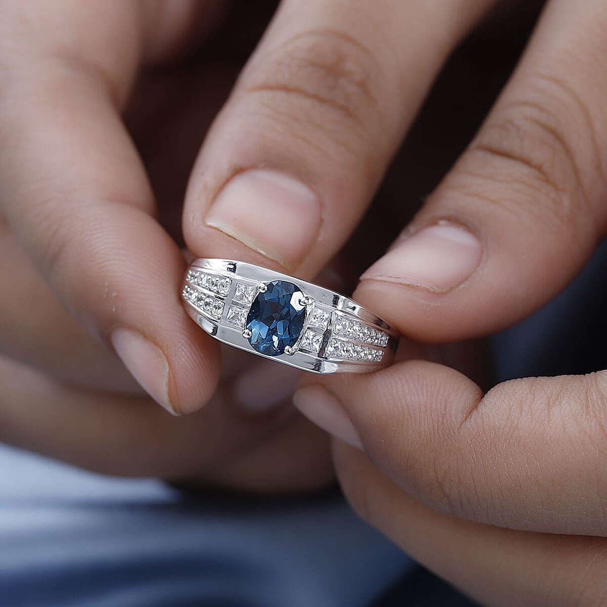 London Blue Topaz and White Zircon Men's Ring in Platinum Over Sterling Silver (Size 13.0) 2.20 ctw image number 2