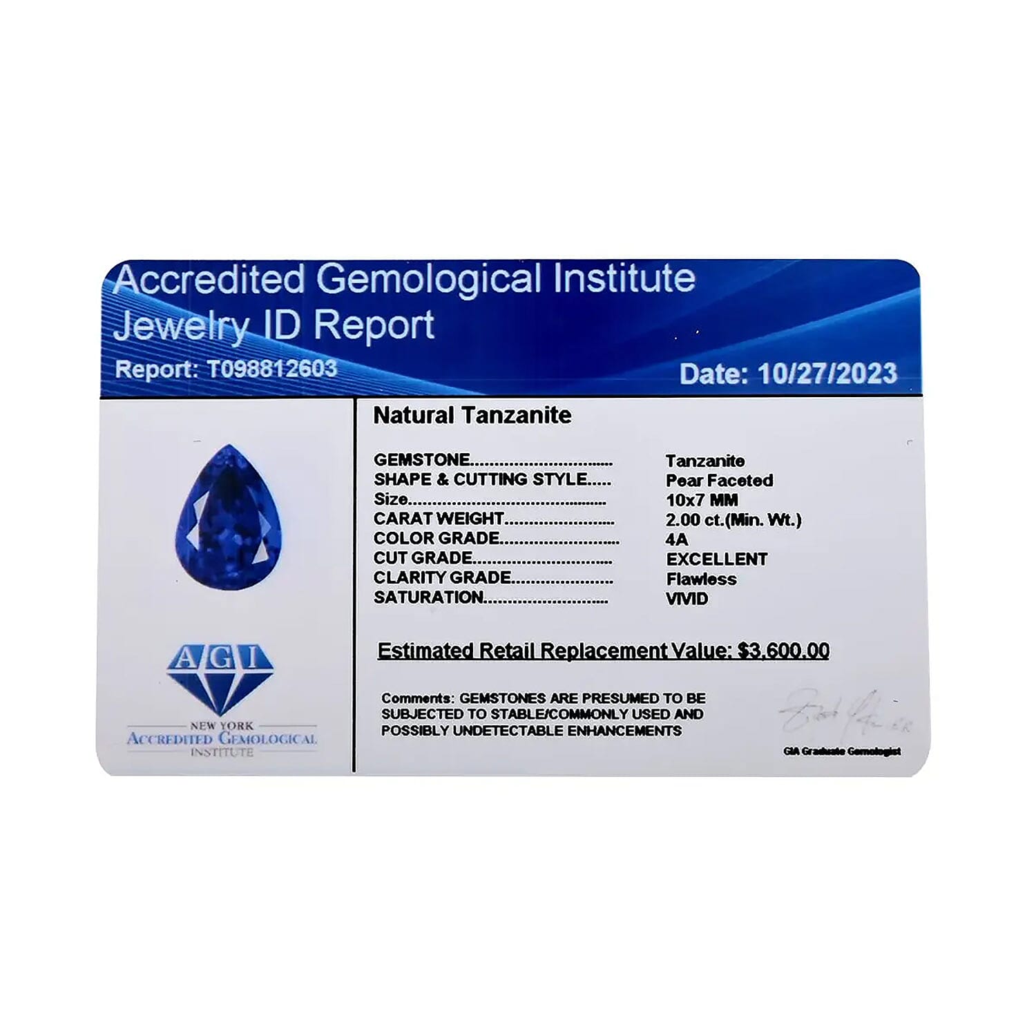 Certified & Appraised AAAA Tanzanite (Pear 10x7 mm) 2.00 ctw - Picture 6 of 9