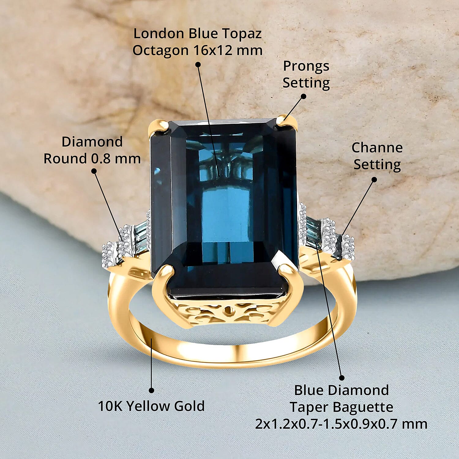 Luxoro Premium London Blue Topaz, Blue and White Diamond 16.20 ctw Ring in 10K Yellow Gold (Size 10.0) 4.30 Grams