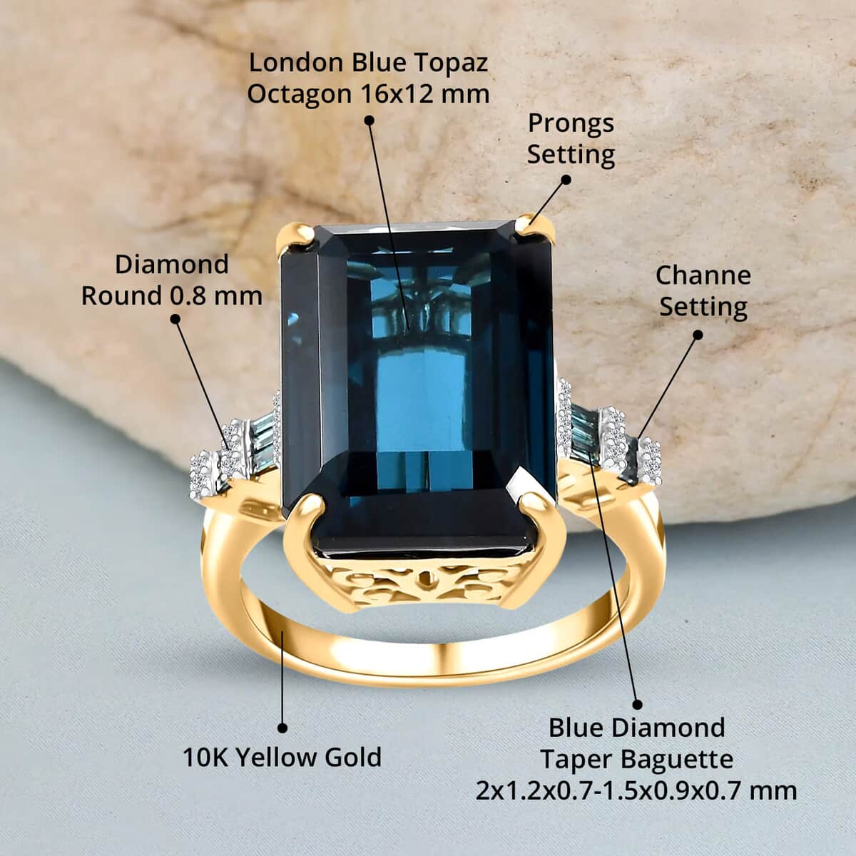 Luxoro 10K Yellow Gold Premium London Blue Topaz, Blue and White Diamond Ring (Size 10.0) 4.30 Grams 16.20 ctw image number 4