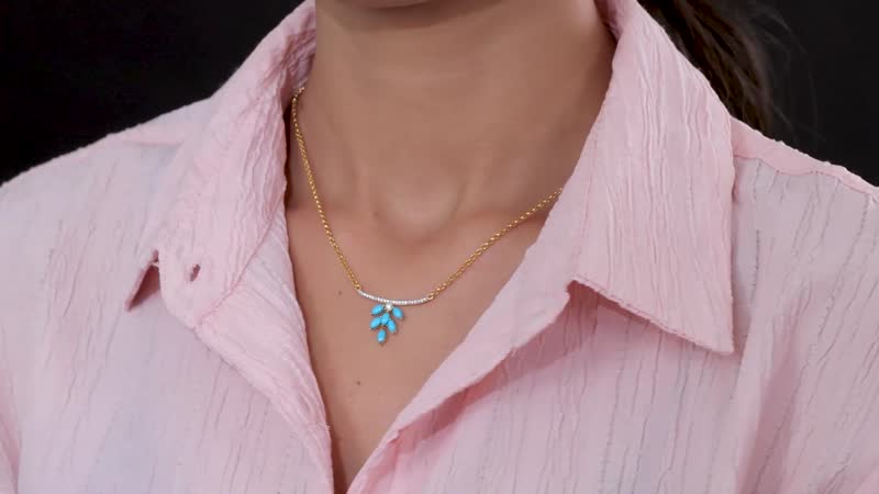 Premium Sleeping Beauty Turquoise and Moissanite Floral Necklace 18 Inches in Vermeil Yellow Gold Over Sterling Silver 1.20 ctw