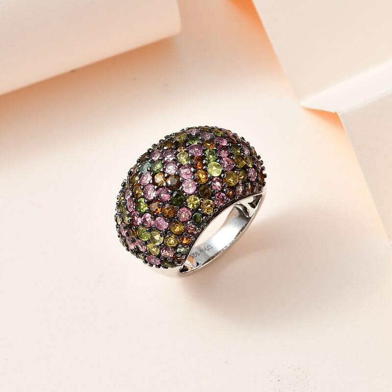 Multi-Tourmaline Dome Ring in Platinum Over Sterling Silver (Size 10.0) 4.85 ctw