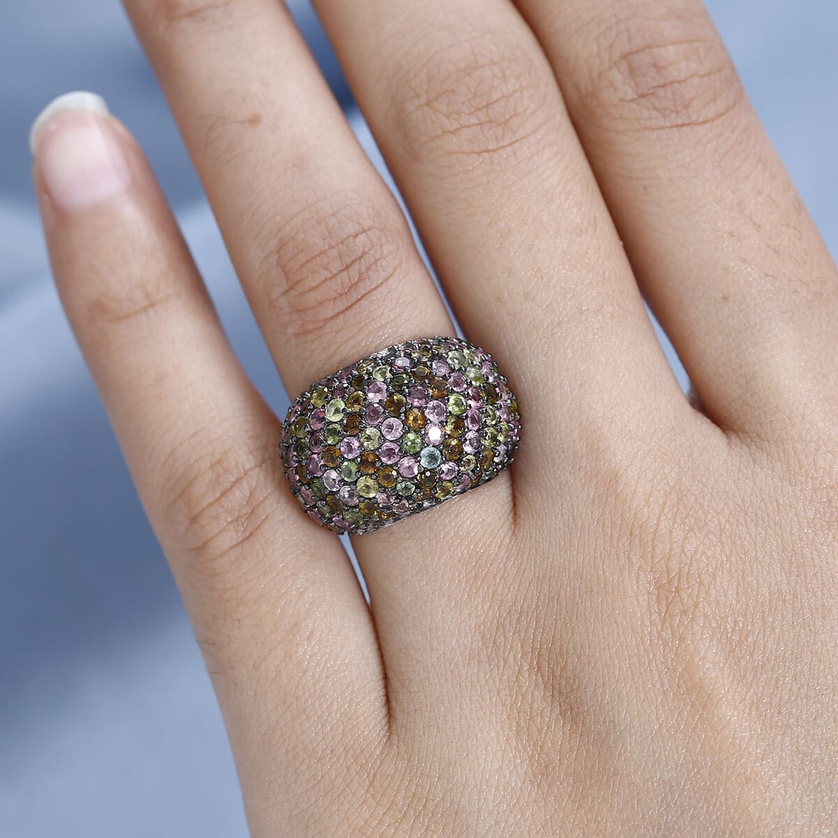 Doorbuster Multi-Tourmaline Dome Ring in Platinum Over Sterling Silver (Size 10.0) 4.85 ctw image number 2