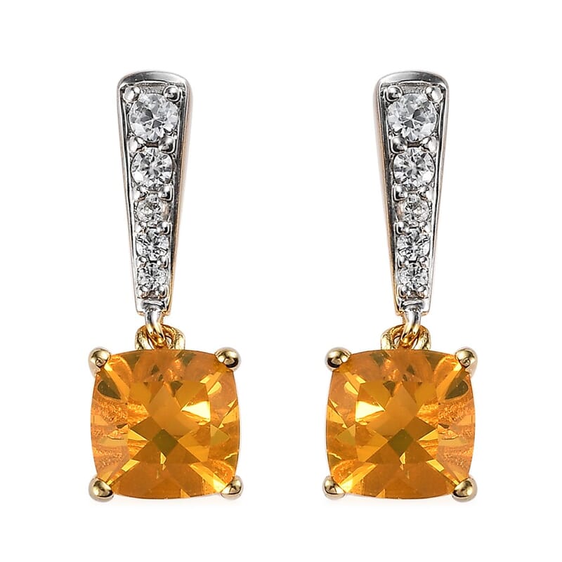 Premium BURITI Fire Opal and White Zircon Stud Earrings in Vermeil Yellow Gold Over Sterling Silver 2.25 ctw