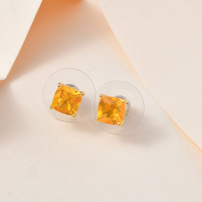 Premium BURITI Fire Opal Solitaire Stud Earrings in Vermeil Yellow Gold Over Sterling Silver 1.25 ctw