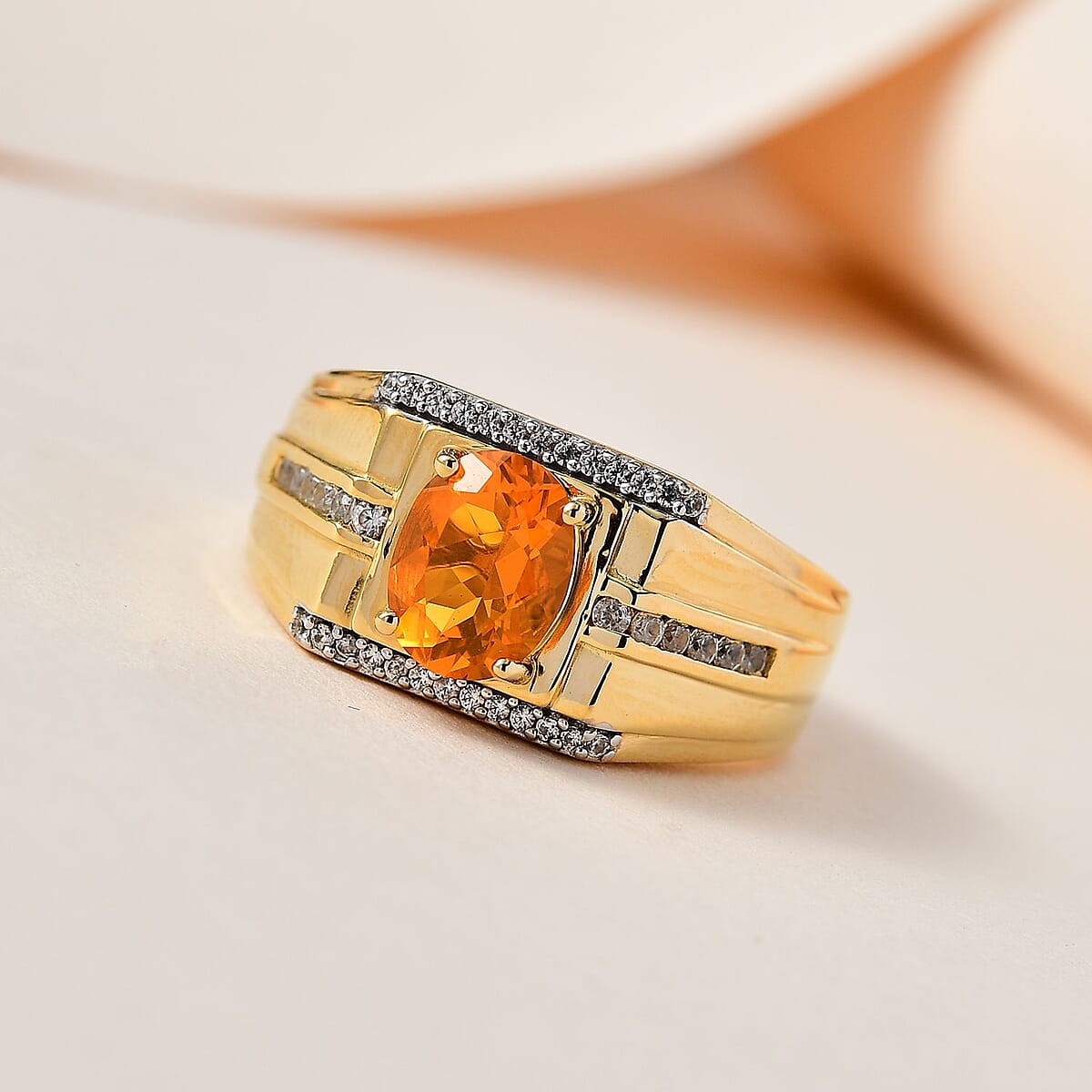 Premium Brazilian Fire Opal and White Zircon Men's Ring in Vermeil Yellow Gold Over Sterling Silver 1.60 ctw image number 1