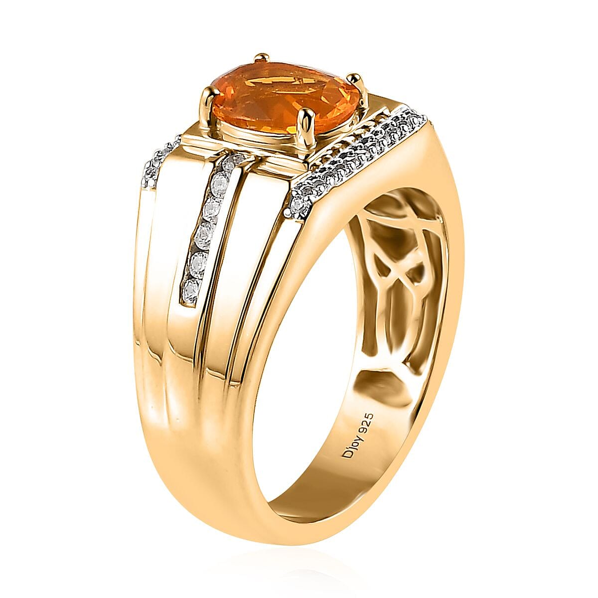 Premium Brazilian Fire Opal and White Zircon Men's Ring in Vermeil Yellow Gold Over Sterling Silver 1.60 ctw image number 3