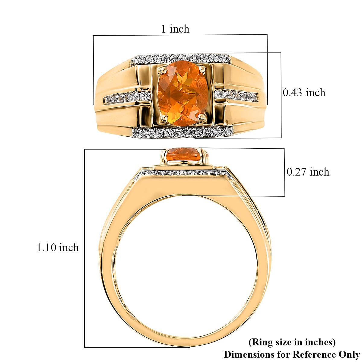 Premium Brazilian Fire Opal and White Zircon Men's Ring in Vermeil Yellow Gold Over Sterling Silver 1.60 ctw image number 5