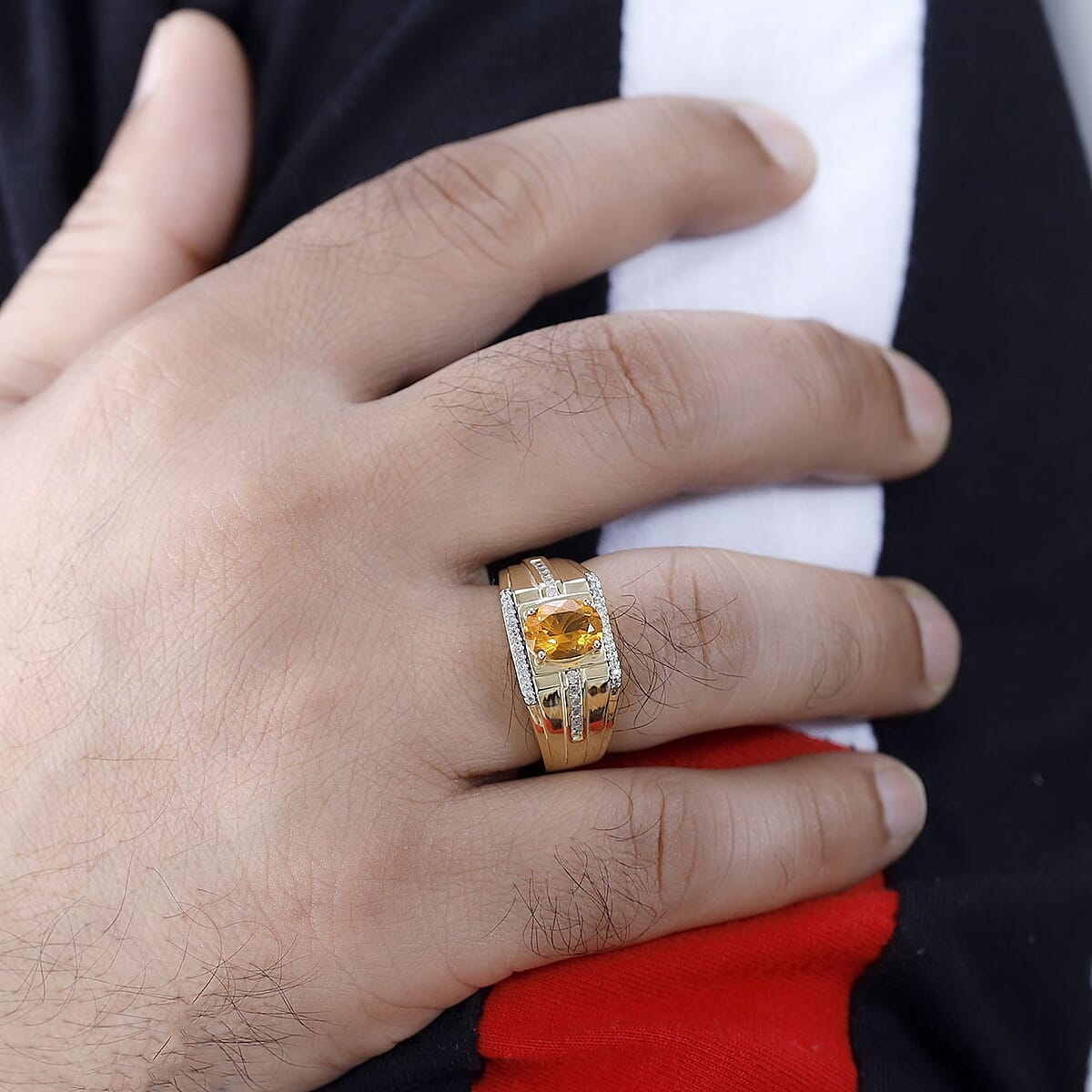 Premium BURITI Fire Opal and White Zircon Men's Ring in Vermeil Yellow Gold Over Sterling Silver (Size 11.0) 1.60 ctw image number 2