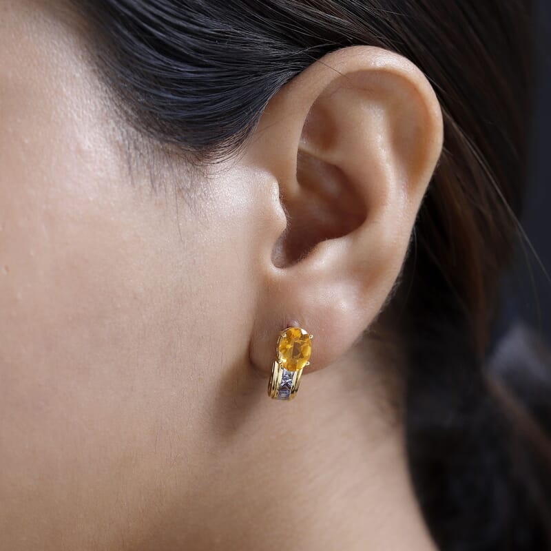 Premium BURITI Fire Opal and Tanzanite J-Hoop Earrings in Vermeil Yellow Gold Over Sterling Silver 2.10 ctw