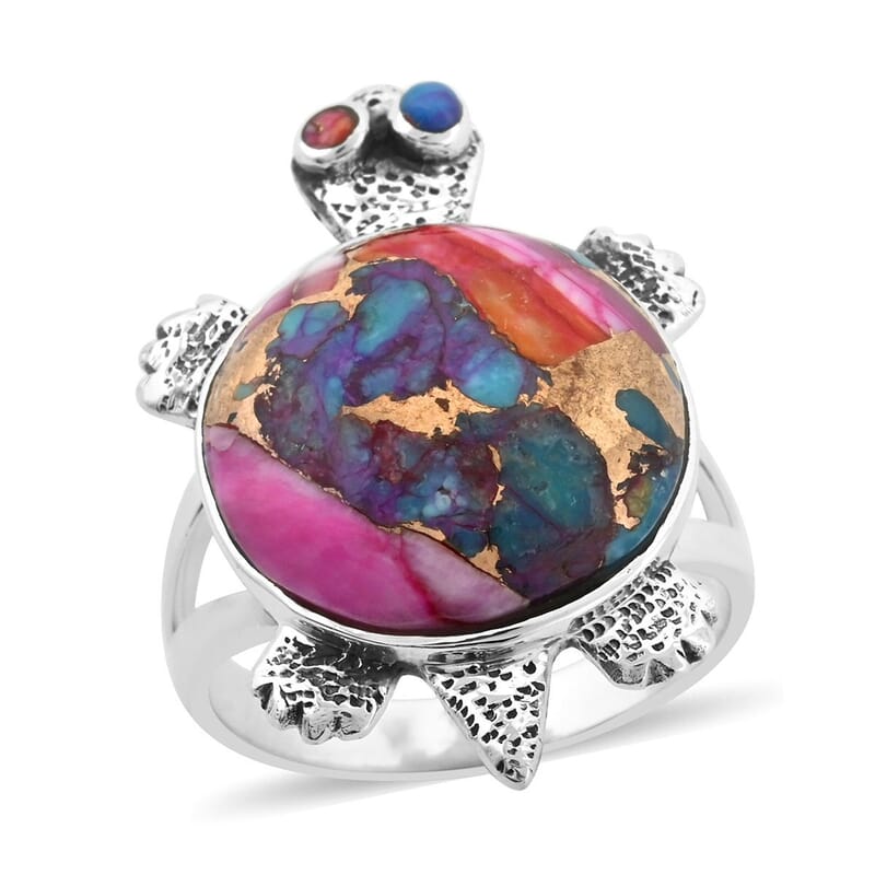 Santa Fe Style Rainbow Multi Gemstone Turtle Ring in Sterling Silver (Size 10.0) 7.70 ctw