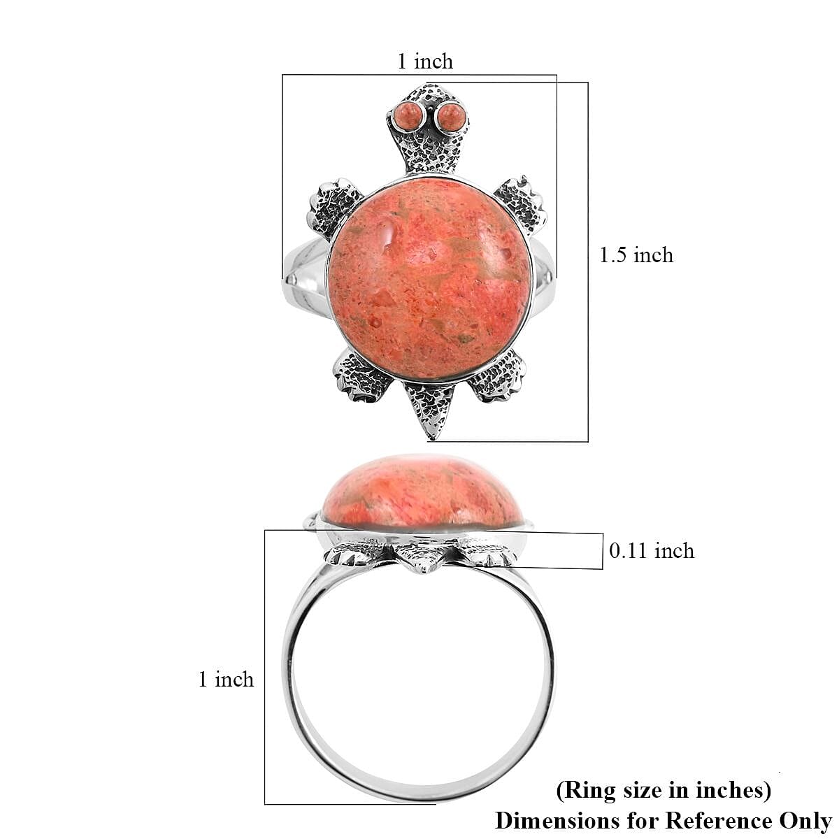 Santa Fe Style Plum Coral Turtle Ring in Sterling Silver (Size 8.0) image number 4