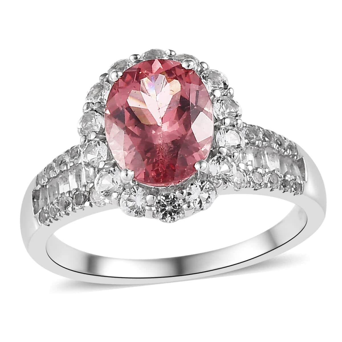 Red Rose Apatite and White Topaz Halo Ring in Platinum Over Sterling Silver (Size 7.0) 5.60 ctw image number 0