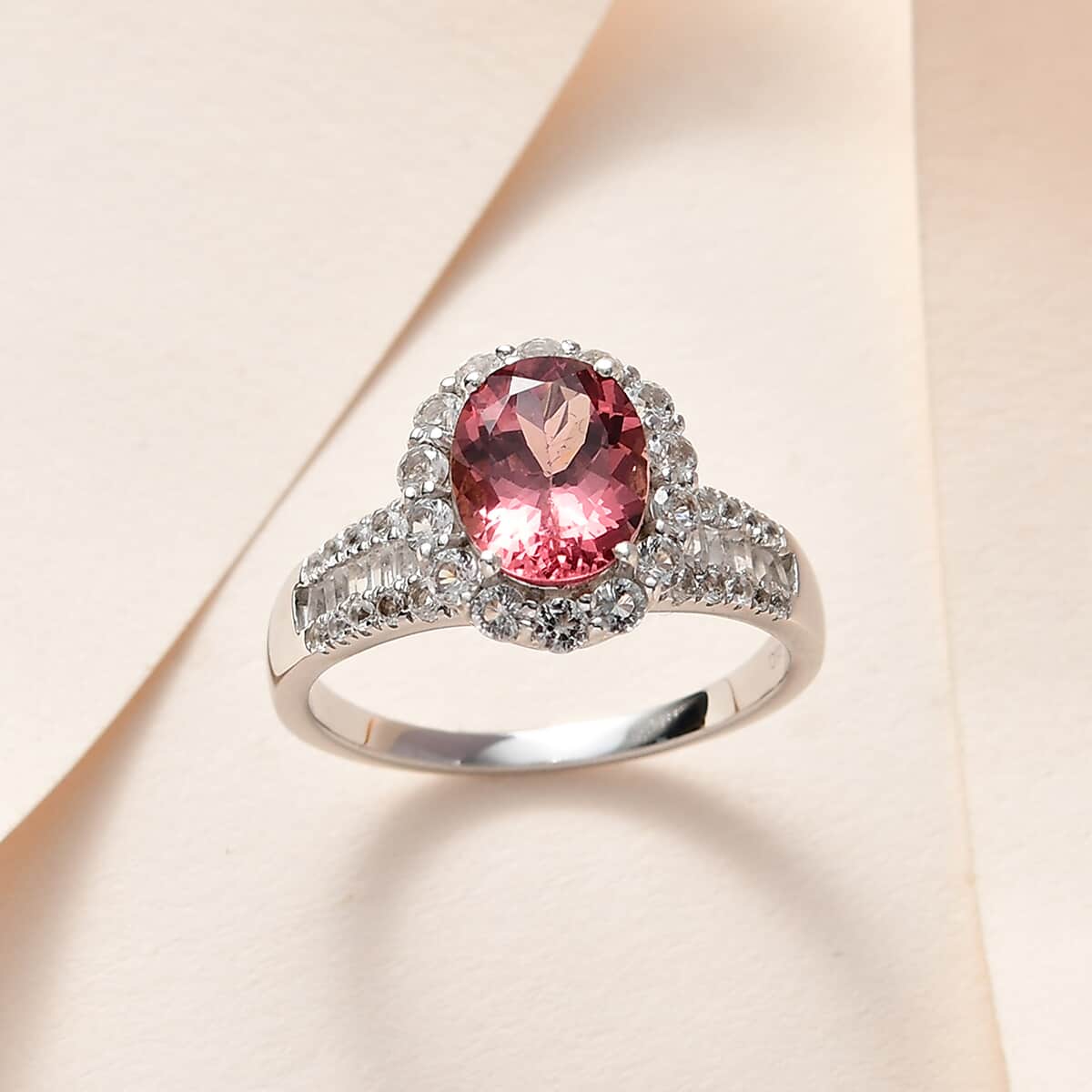 Red Rose Apatite and White Topaz Halo Ring in Platinum Over Sterling Silver (Size 7.0) 5.60 ctw image number 1