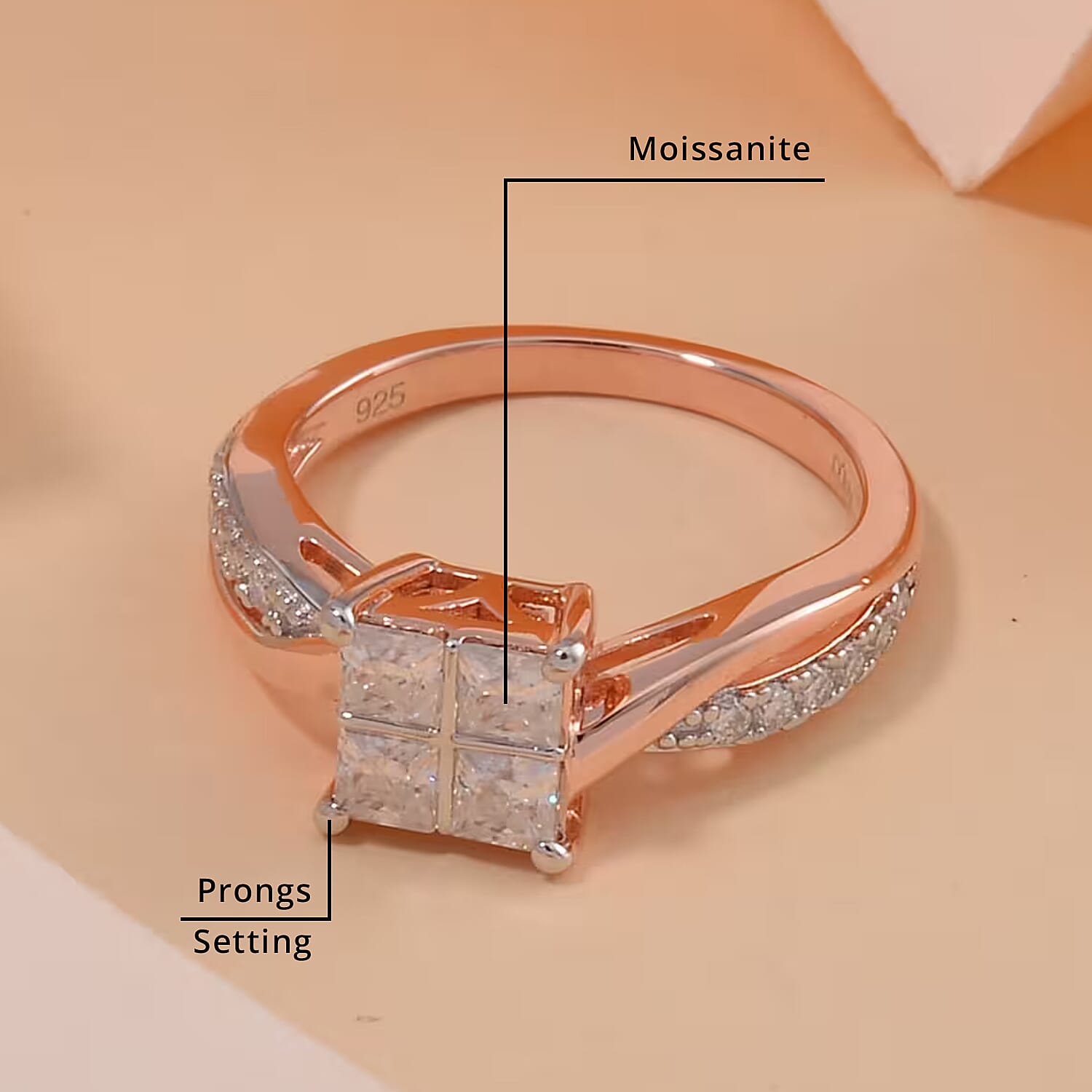 Moissanite 0.85 ctw Ring in Rhodium and Vermeil Rose Gold Over Sterling Silver (Size 6.0)