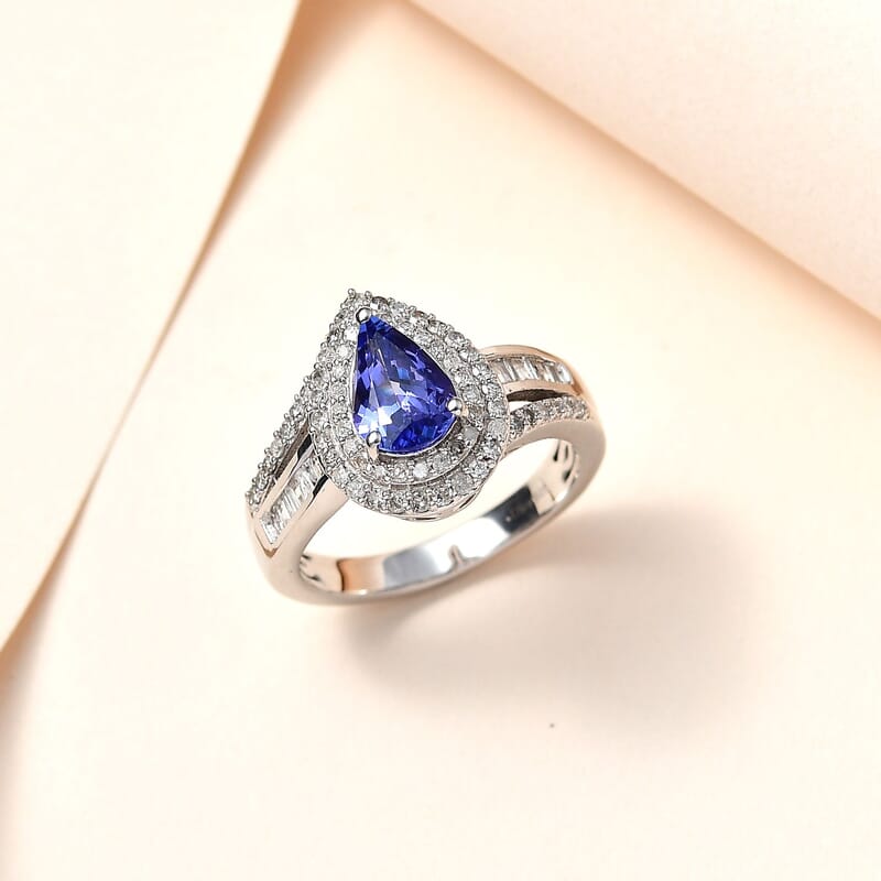 Tanzanite and White Diamond Double Halo Ring in Platinum Over Sterling Silver (Size 10.0) 1.85 ctw